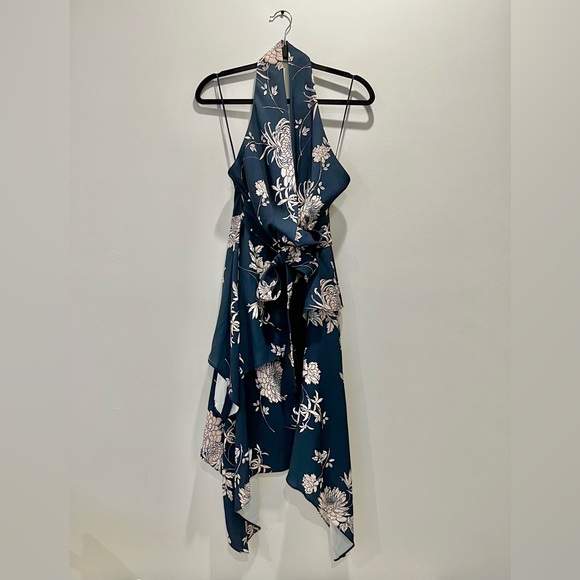 Keepsake The Label Asymmetrical Floral Blue Satin Halter Midi Cocktail Dress M - Picture 5 of 10